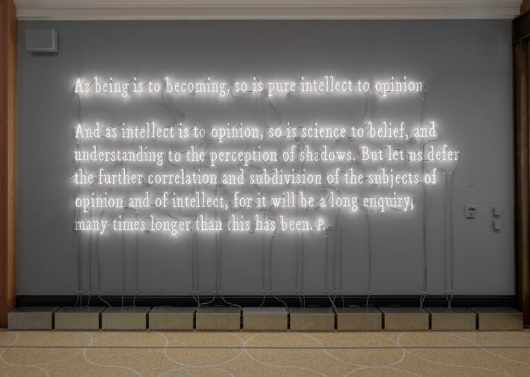 Joseph Kosuth American, born 1945Intellect to Opinion, 2017 Warm white neonObject: H: 173.5 × W: 422.9 cmCourtesy of the artist© 2018 Joseph Kosuth VEX.2018.1.4