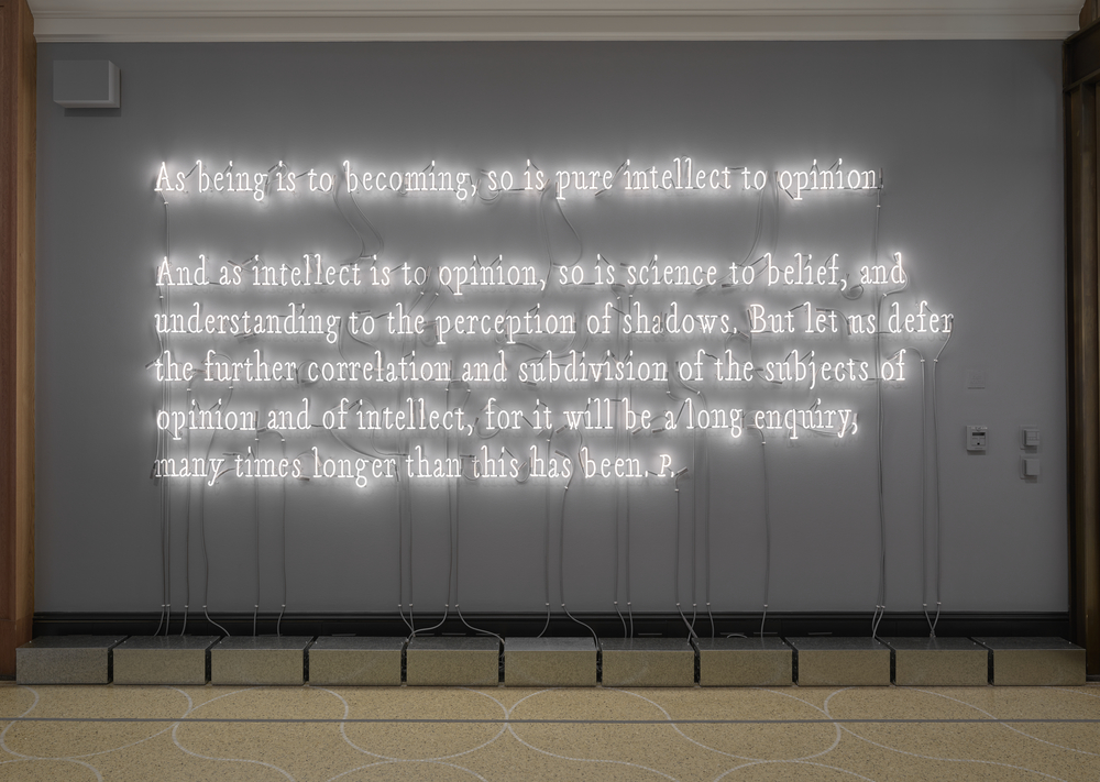 Joseph Kosuth American, born 1945Intellect to Opinion, 2017 Warm white neonObject: H: 173.5 × W: 422.9 cmCourtesy of the artist© 2018 Joseph Kosuth VEX.2018.1.4