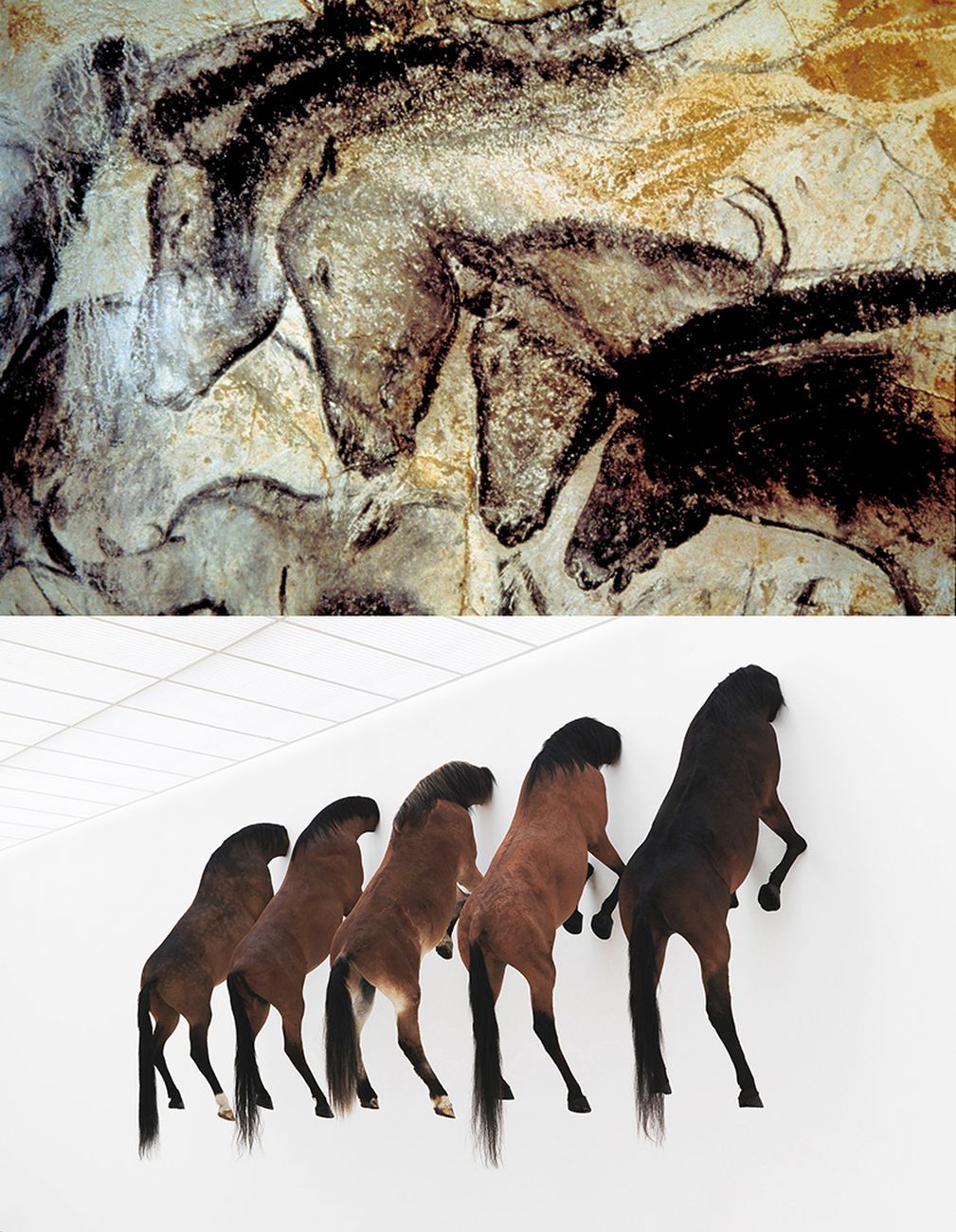 Gruppo di cavalli, Grotta Chauvet, Paleolitico superiore _ Maurizio Cattelan, Kaputt, 2013. Installation view at Fondation Beyeler, Riehen
