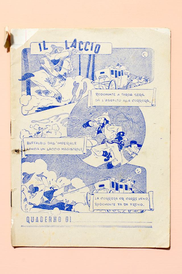 La copertina a fumetti del quaderno di italiano di un bambino di seconda elementare, anni '40