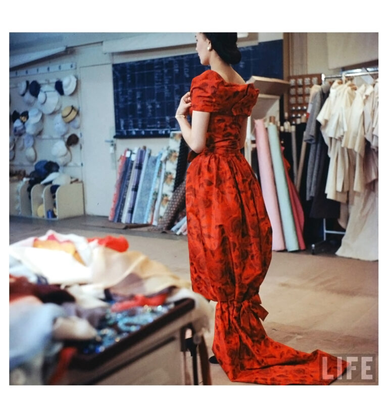Model in Christian Dior Dress during the fitting of the new collection, photographed by Loomis Dean, 1957 (Life)