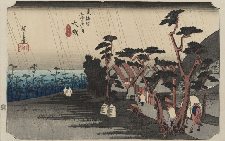 Utagawa Hiroshige, Ōiso. Pioggia delle lacrime di Tora [del ventottesimo giorno del quinto mese], 1833-34 ca. Museum of Fine Arts, Boston William Sturgis Bigelow Collection