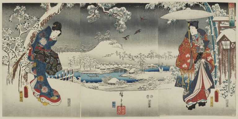Utagawa Hiroshige e Utagawa Kunisada I, Veduta con la neve, dalla serie Genji alla moda, 1853, dodicesimo mese. Museum of Fine Arts, Boston