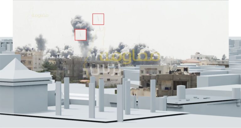Video still showing two bombs in mid air fractions of a second before impact in the Al Tannur neighbourhood in Rafah, Gaza on 1 August 2014. Image Forensic Architecture, 2015