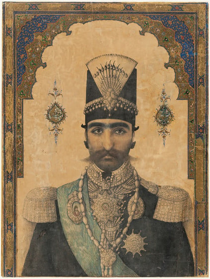 Early Portrait of Nasir al-Din Shah (r. 1848–96), c. 1850, ink, opaque watercolor, and gold on paper, 24 × 16 in., Los Angeles County Museum of Art, purchased with funds provided by the Nasli M. Heeramaneck Collection, gift of Joan Palevsky, photo © Museum Associates/LACMA