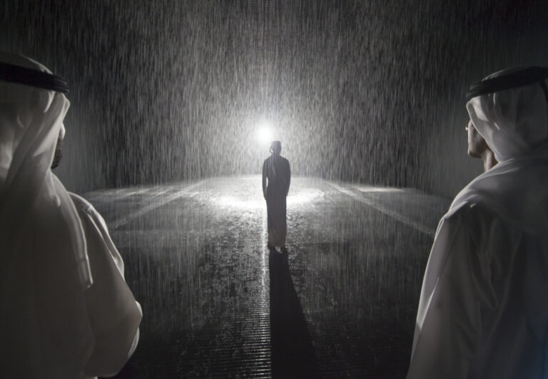 Random International, Rain Room, 2012. Exhibited at Sharjah Art Foundation, 2018. Image courtesy of Sharjah Art Foundation