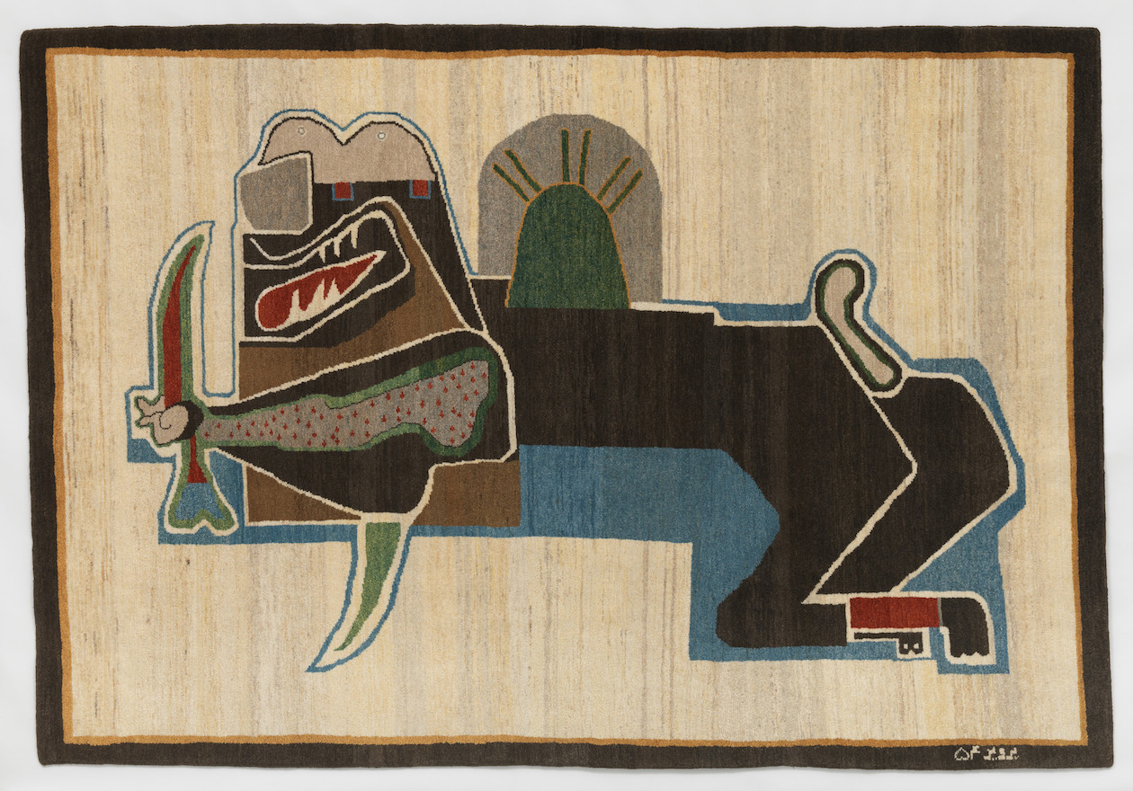 Parviz Tanavoli, Lion and Sword III, 1976, Bijar weave, 62 1/4 × 91 in., Los Angeles County Museum of Art, gift of Hope Warschaw through the 2018 Collectors Committee, courtesy of the artist, © Parviz Tanavoli, photo © Museum Associates/LACMA