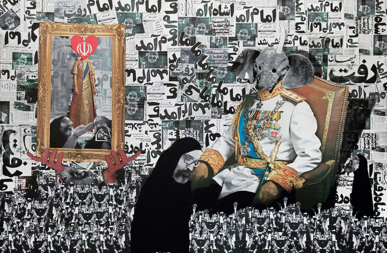 Ramin Haerizadeh, He Came, He Left, He Left, He Came, 2010, mixed media and collage on canvas, 78 3/4 × 118 1/8 in., The Farook Collection, Dubai, © Ramin Haerizadeh, photo courtesy Gallery Isabelle van den Eynde