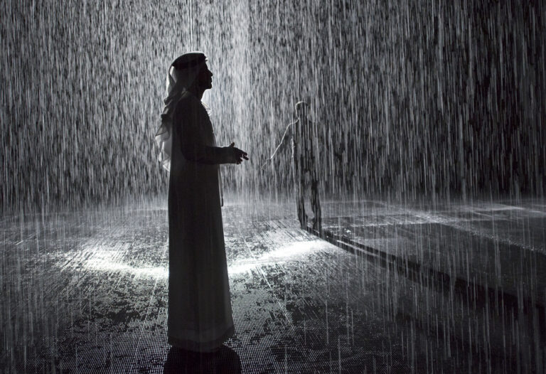 Random International, Rain Room, 2012. Exhibited at Sharjah Art Foundation, 2018. Image courtesy of Sharjah Art Foundation
