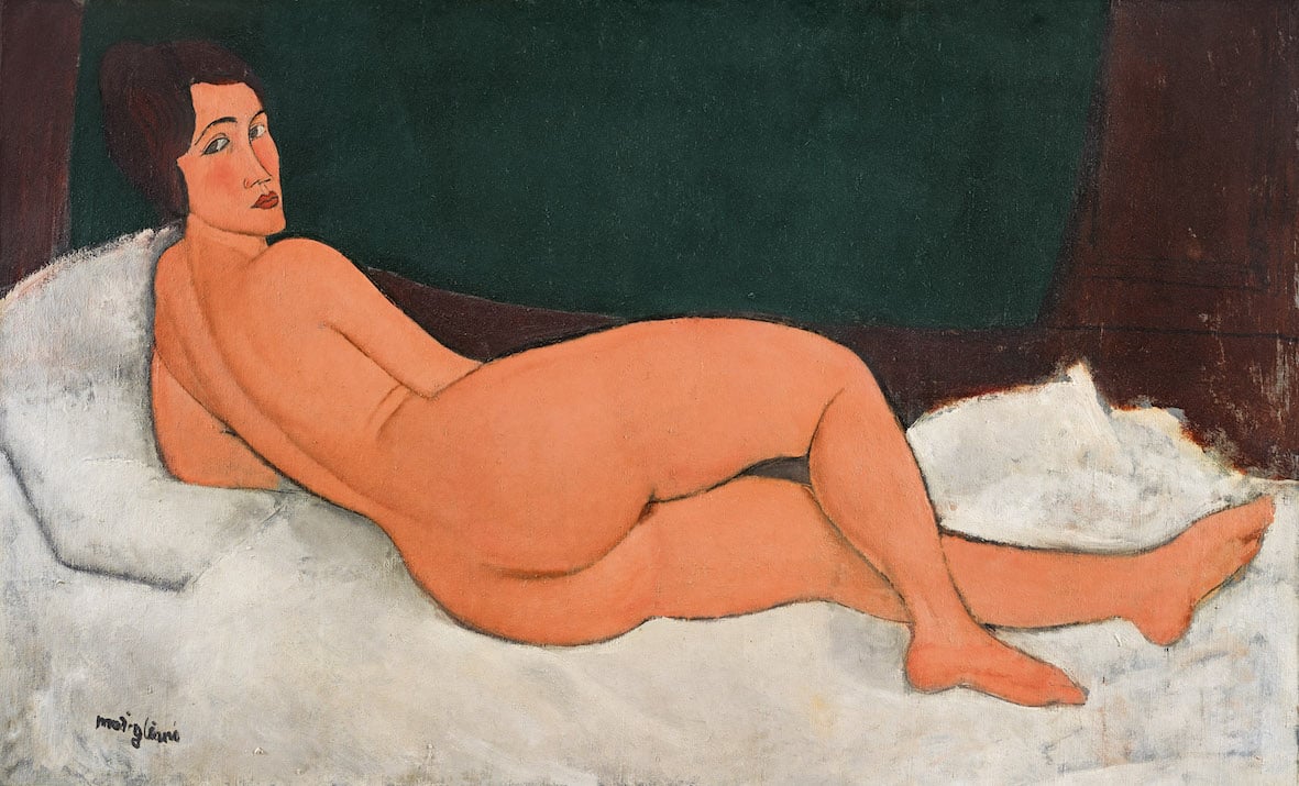 Amedeo Modigliani, Nu couché (sur le côté gauche). Signed Modigliani (lower left). Oil on canvas 35 1/4 by 57 3/4 in.; 89.5 by 146.7 cm. Painted in 1917. Sold for $157,159,000