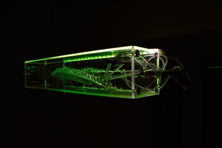 Alexandra Koumantaki, Luminous Pois, Plexiglas, incisione su plexiglas, bulloni, luci led, asta in acciaio, cavi in acciaio, fibra ottica, microprocessore. Dimensioni variabili. 2018