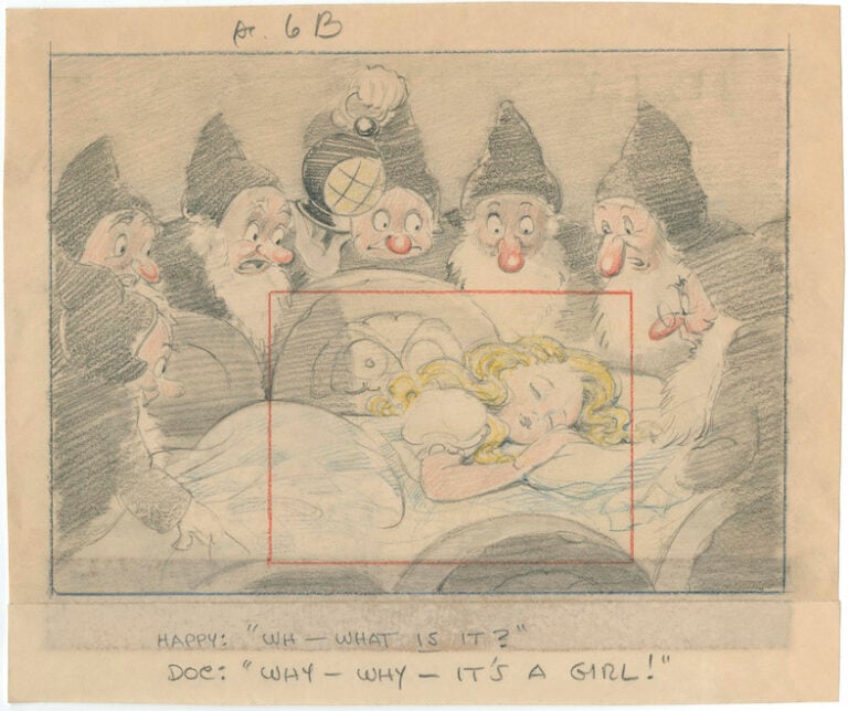 Snow White and the Seven Dwarfs ,1937. Disney Studio Artist Story sketch Graphite and colored pencil on paper © Disney Enterprises Inc.