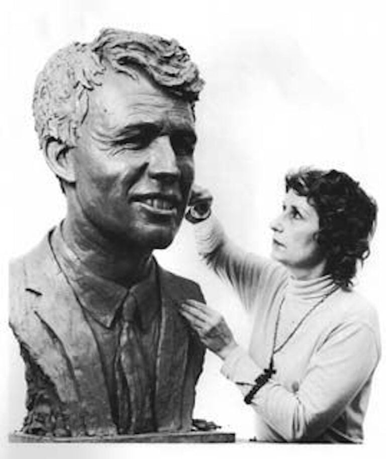 Anneta Duveen at work on her Robert F. Kennedy sculpture, 1971