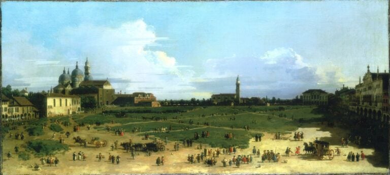 Canaletto (1697-1768), Prato della Valle, con Santa Giustina e il monastero di benedettine, Santa Maria della Misericordia, Padova, 1756 ca., olio su tela, cm 40 x 87,5. Collezione privata