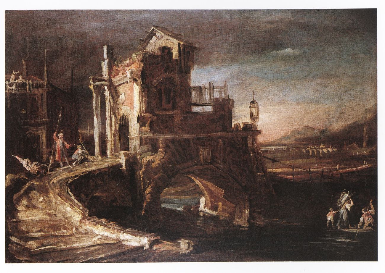 Canaletto (Venezia 1697-1768), Capriccio notturno con ponte, 1722-1723, olio su tela, cm 64 x 92, Svizzera, collezione privata