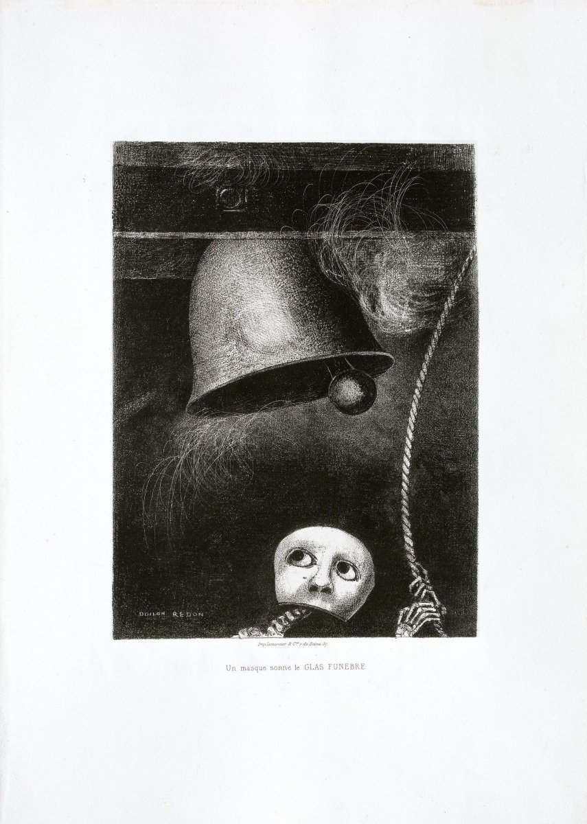 Odilon Redon, Une masque sonne la cloche funèbre, 1882