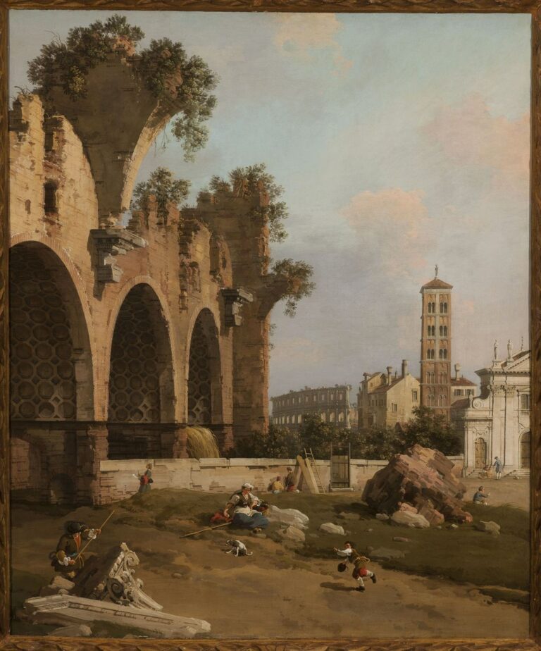 Canaletto (Venezia 1697-1768), La Basilica di Massenzio, Santa Francesca Romana e il Colosseo, Roma, 1753-1754, olio su tela, cm 130 x 108,5. Collezione privata, courtesy of Matteo Salamon