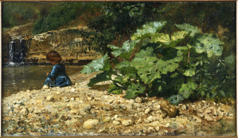 Filippo Palizzi, Gran pianta acquatica sul greto d’un torrente figurina di bambina seduta, Cava, 1861, Olio su tela, 56 x 32 cm.Galleria Nazionale d’Arte Moderna e Contemporanea di Roma