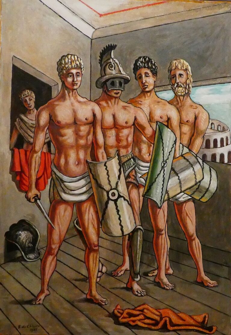 Giorgio de Chirico, Quattro gladiatori nella stanza con vista del Colosseo, 1965