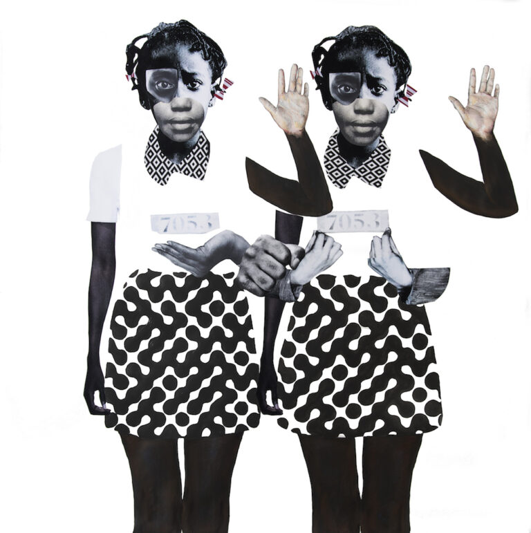 Deborah Roberts Political Lambs in a Wolf's World, 2018 Mixed media on paper 96.52 x 99cm (38 x 39in)Photo credit: Robert Beam