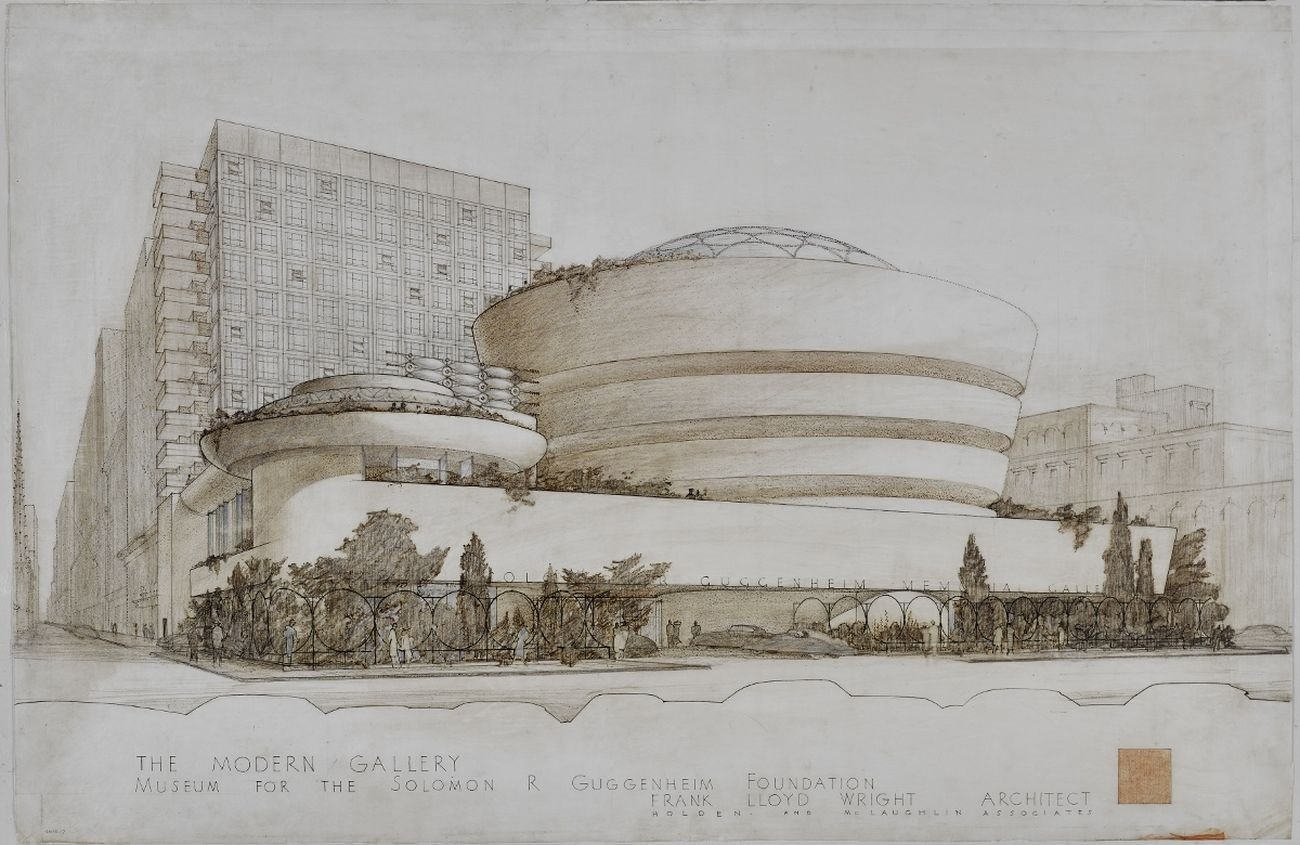 Solomon R. Guggenheim Museum (New York, New York). Exterior perspective, The Frank Lloyd Wright Foundation Archives (The Museum of Modern Art Avery Architectural & Fine Arts Library, Columbia University, New York)