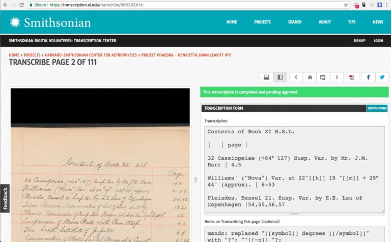 Una pagina dello Smithsonian Transcription Center