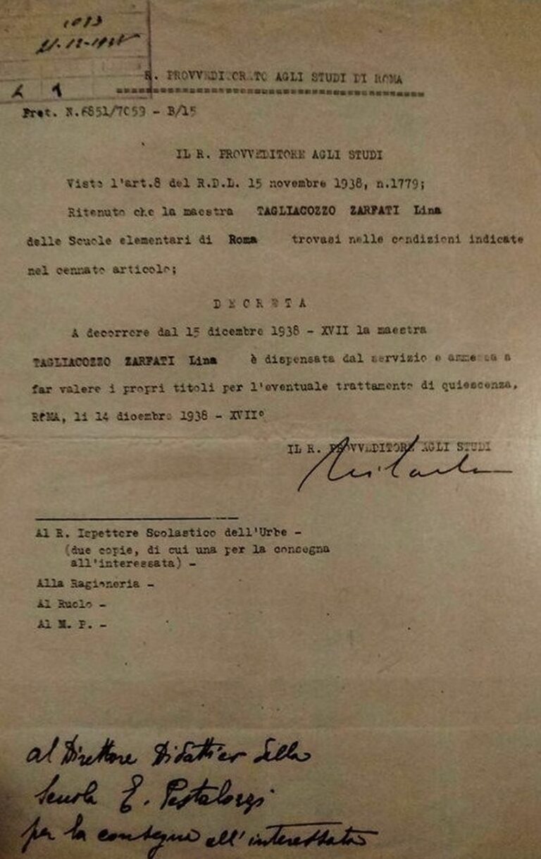 Vite spezzate. Decreto con cui Lina Zarfati viene dispensata dal servizio, dicembre 1983