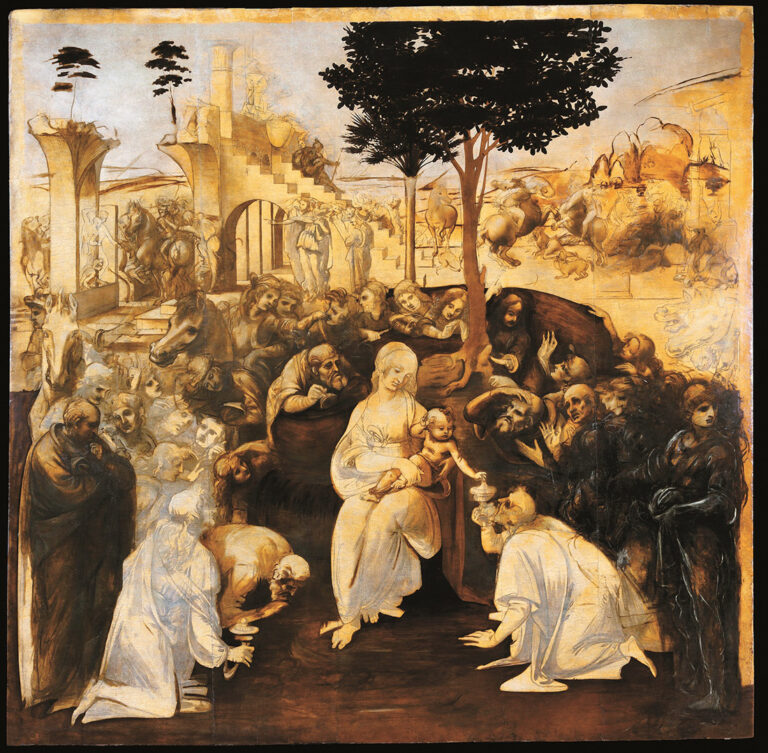 Andrea del Verrocchio (Firenze, 1435 – Venezia 1488) Leonardo da Vinci (Vinci 1452 – Amboise 1519), Battesimo di Cristo. C. 1475 tempera and oil on wood