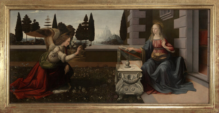Leonardo da Vinci (Vinci 1452 – Amboise 1519), Annunciation. C. 1472-1475 oil on wood