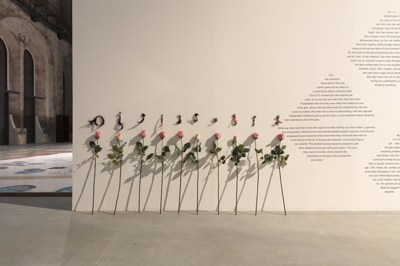 Ramin Haerizadeh, Rokni Haerizadeh, Hesam Rahmanian. Forgive me, distant wars, for bringing flowers. Installation view at OGR, Torino 2018. Photo Andrea Rossetti