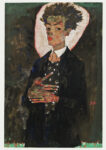 Egon Schiele. Autoportrait au gilet, debout, 1911 Selbstbildnis mit Pfauenweste, stehend Gouache, aquarelle et crayon gras sur papier, monté sur carton, Collezione Ernst Ploil, Vienna