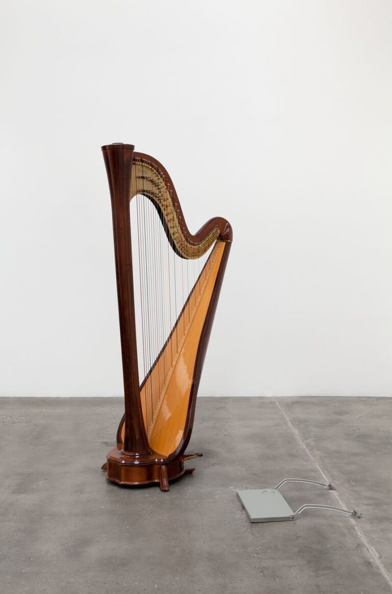 Darren Bader, Concert Harp and_with Airplane Tray Table. Installation view at Blum & Poe, Los Angeles 2013
