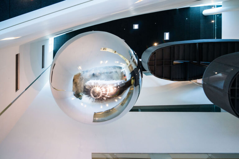 Prototype for Trevor Paglen: Orbital Reflector, co-produced and presented by the Nevada Museum of Art, on view in the Donald W. Reynolds Grand Hall at the Nevada Museum of Art. Courtesy of Nevada Museum of Art, 2016