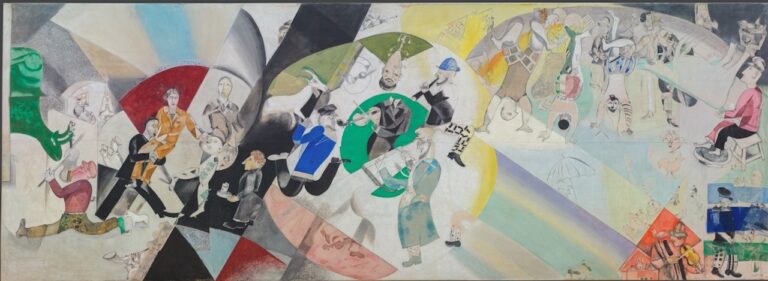 Marc Chagall Introduzione al teatro ebraico 1920 Pannello per il Teatro ebraico Galleria Statale Tret’jakov di Mosca © The State Tretyakov Gallery Moscow Russia © Chagall ® by SIAE 2018 1200x440 Chagall a Mantova. Riapre Palazzo della Ragione con una grande mostra dell’artista bielorusso