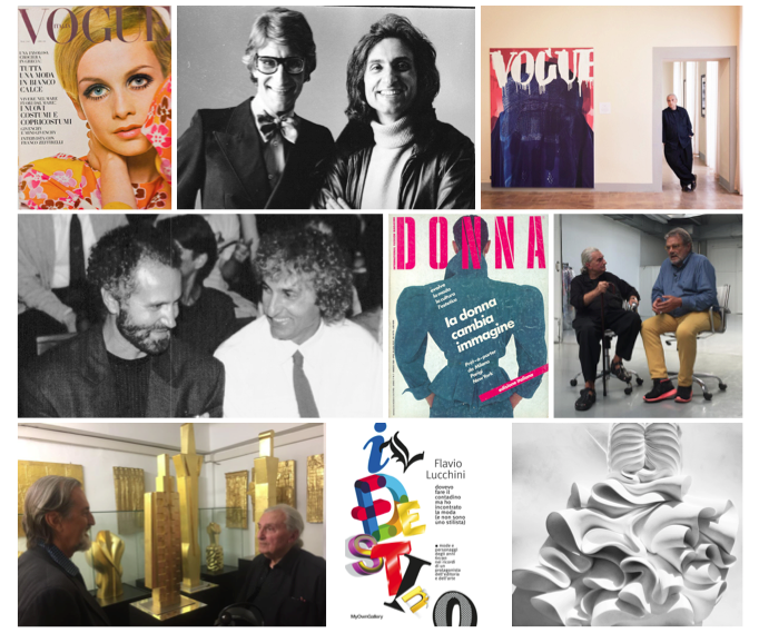 Da sin. a ds. copertina Vogue Italia con Twiggy 1967 - Yves Saint Laurent con Lucchini Parigi 1971 - Lucchini al Festival d'Arte di Todi 2013 - Gianni Versace e Lucchini Londra 1983 - prima copertina di Donna 1980 foto di O.T
