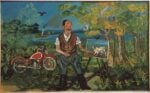 Antonio Ligabue, Autoritratto con moto, cavalletto e paesaggio, 1953-54. Collezione privata