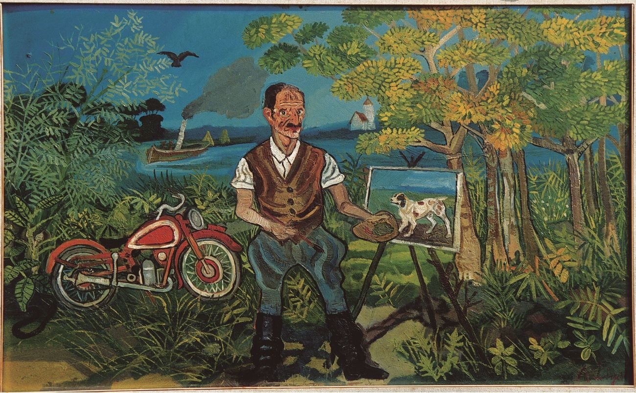 Antonio Ligabue, Autoritratto con moto, cavalletto e paesaggio, 1953-54. Collezione privata