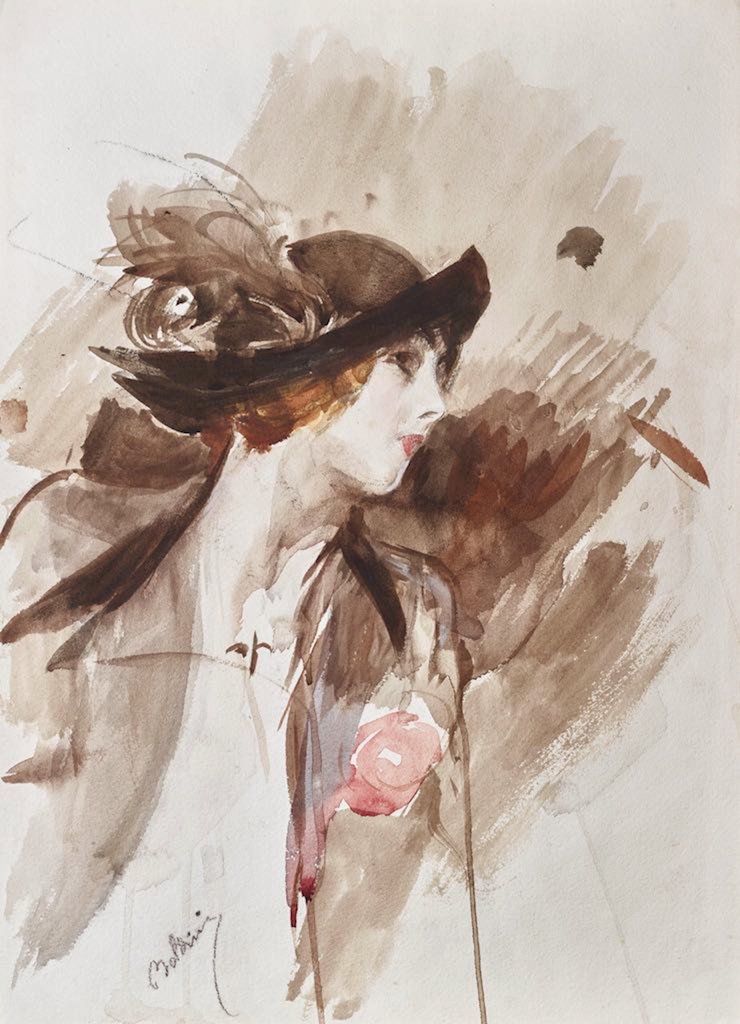 PORTRAIT OF A LADY - RECTO; NUDE OF A LADY - VERSO, GIOVANNI BOLDINI, Watercolor and pencil on paper 49 x 35.5 cm, Signed 'Boldini' lower right, PROVENANCE, Private collection, Paris