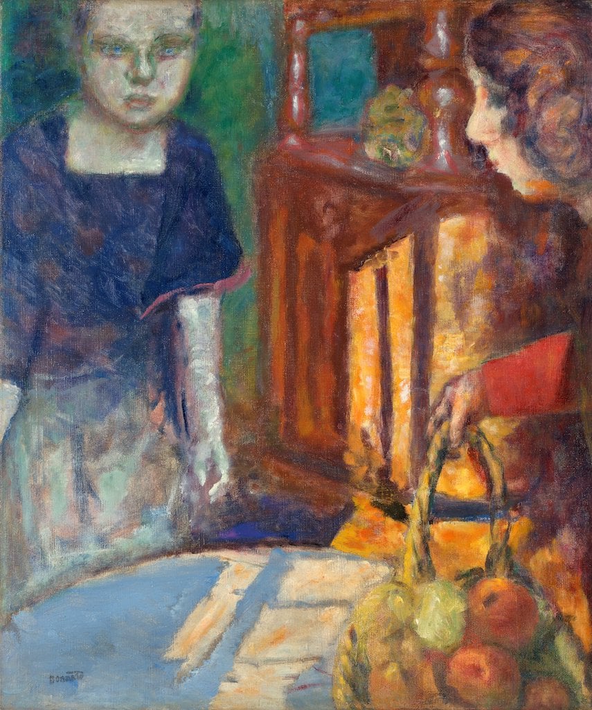 THE BLUE DRESS: TWO WOMEN AND A BASKET OF FRUIT, PIERRE BONNARD, Oil on canvas 57.2 x 48.3 cm. Stamped lower left ‘Bonnard’, Circa 1922 PROVENANCE Estate of Pierre Bonnard; Private Collection