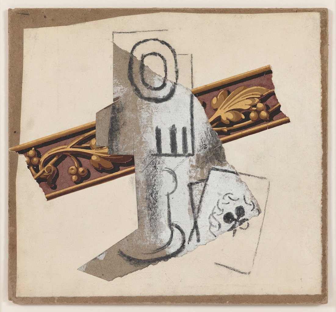 VERRE ET CARTE À JOUER, PABLO PICASSO, Gouache, black crayon and collage on board, 26.2 x 27.8 cm, Signed on the back ‘PICASSO’, 1914. PROVENANCE Galerie Simon, Paris; Douglas Cooper, London/Argilliers, 1942; Private collection, France, acquired from the above around 1950; Private collection, New York, acquired from the above in 2002