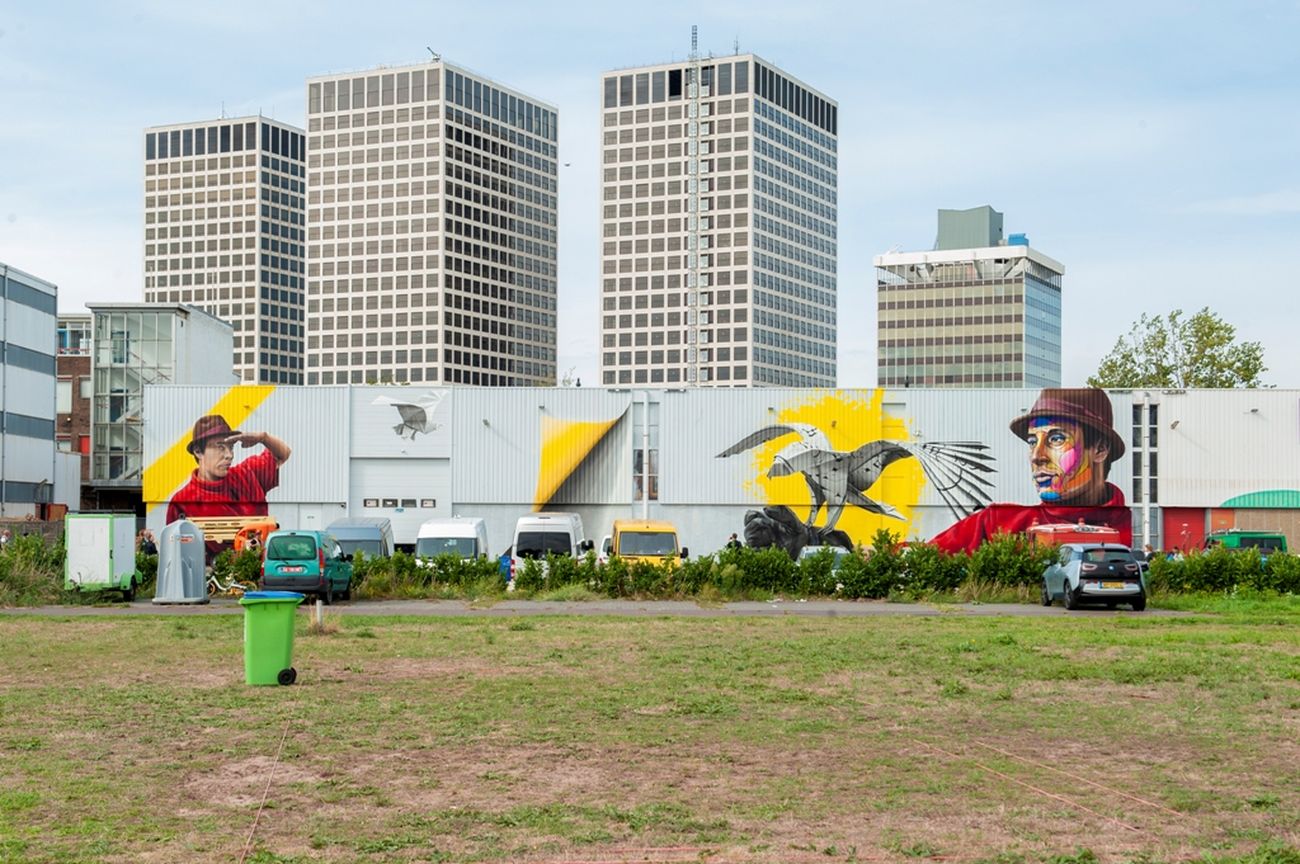 Pow Wow Festival, Rotterdam 2018. MeLikePainting (Tymon de Laat) & Nuno Viegas, Flight of man, 2018. Photo Hanke Arkenbout