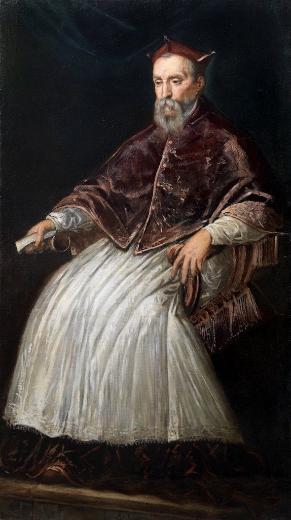 PORTRAIT OF THE CARDINAL MARCANTONIO DA MULA, JACOPO TINTORETTO, Oil on canvas, 187 x 103 cm. Circa 1562-63