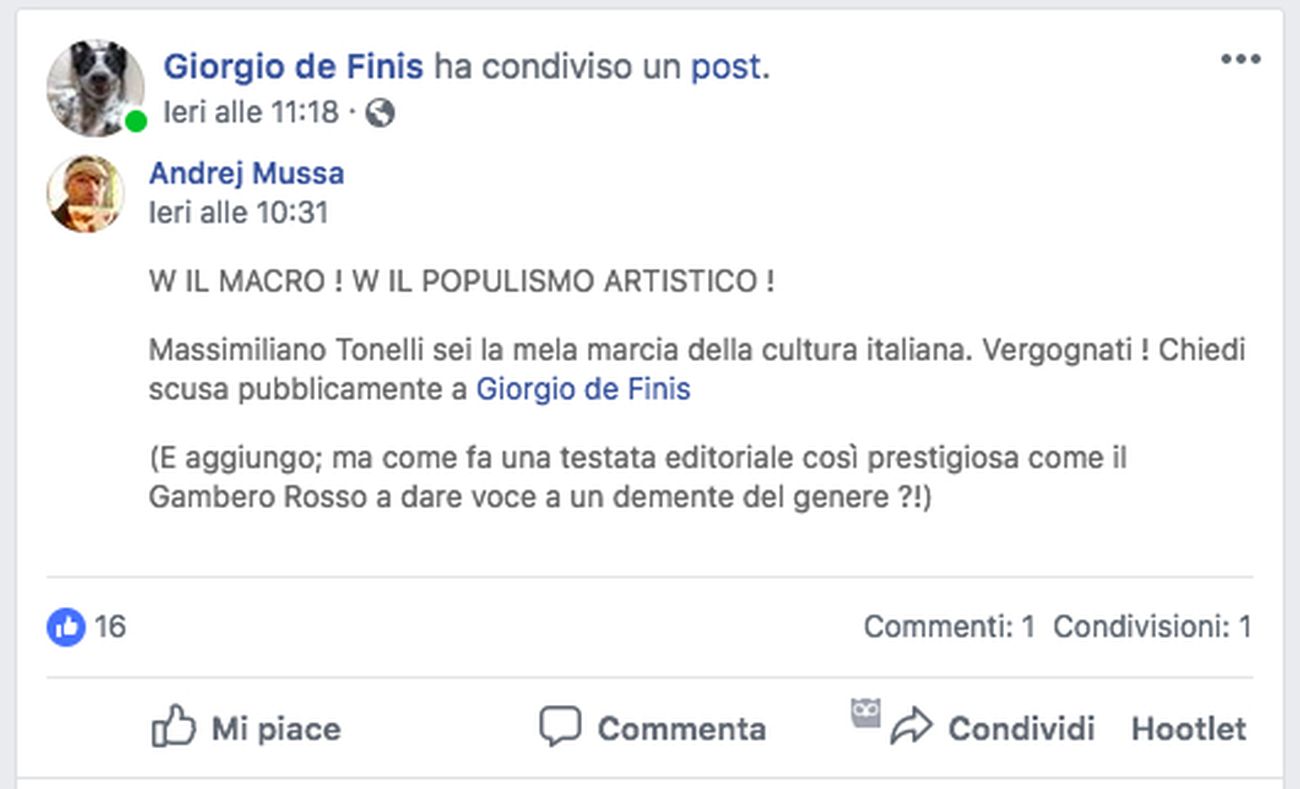 Uno dei post condivisi il 30 settembre da Giorgio De Finis sulla sua pagina Facebook