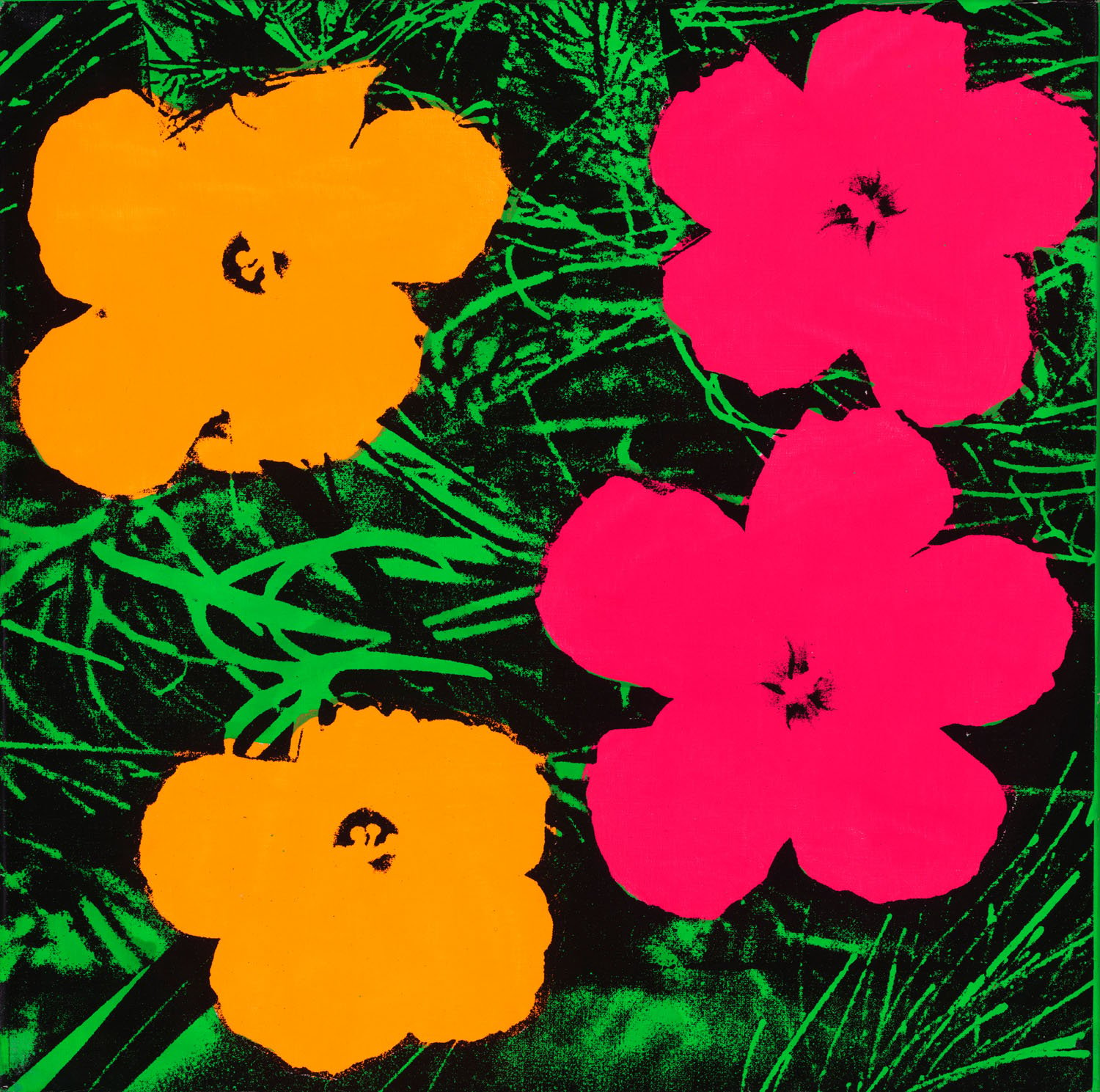 Andy Warhol (1928–1987), Flowers, 1964. Fluorescent paint and silkscreen ink on linen, 61 x 61 cm. The Art Institute of Chicago; gift of Edlis/Neeson Collection, 2015.123 © The Andy Warhol Foundation for the Visual Arts, Inc. / Artists Rights Society (ARS), New York