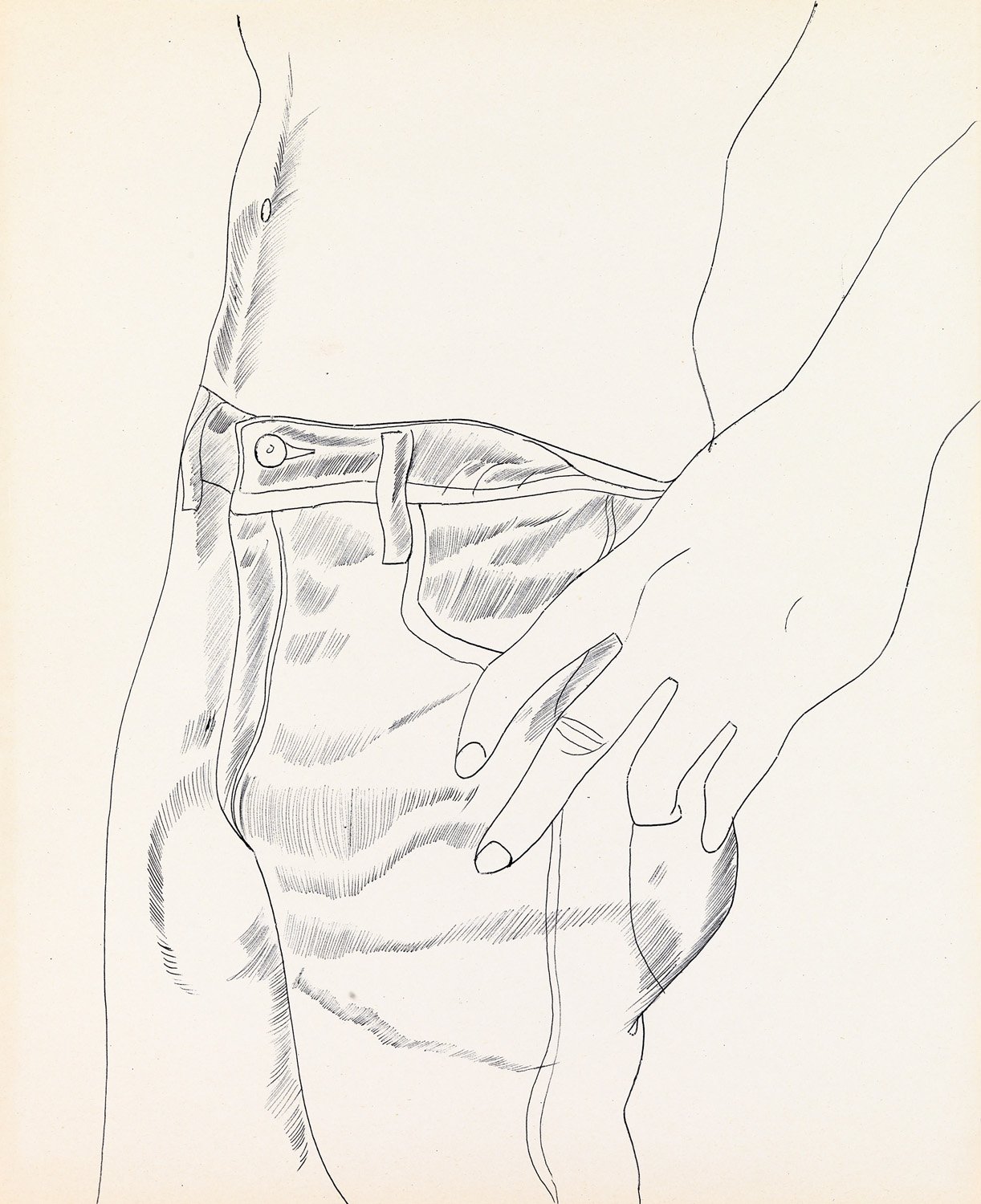 Andy Warhol (1928–1987), Untitled (Hand in Pocket), c. 1956. Ballpoint pen on paper, 42.4 × 34.7 cm. Collection of Mathew Wolf © The Andy Warhol Foundation for the Visual Arts, Inc. / Artists Rights Society (ARS) New York