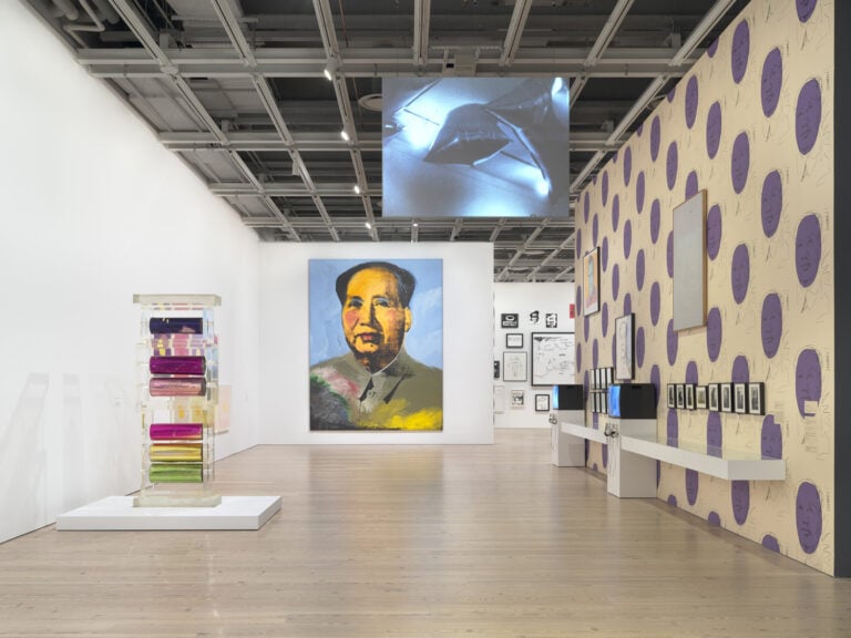 Installation view of Andy Warhol – From A to B and Back Again (Whitney Museum of American Art, New York, November 12, 2018-March 31, 2019). From left to right: Mylar and Plexiglas Construction, c. 1970; Mao, 1972; Willard Mass, Andy Warhol’s Silver Flotations, 1966; Vote McGovern, 1972; Mao, 1973; White Painting, 1964. Photograph by Ron Amstutz. © 2018 The Andy Warhol Foundation for the Visual Arts, Inc. / Licensed by Artists Rights Society (ARS), New York