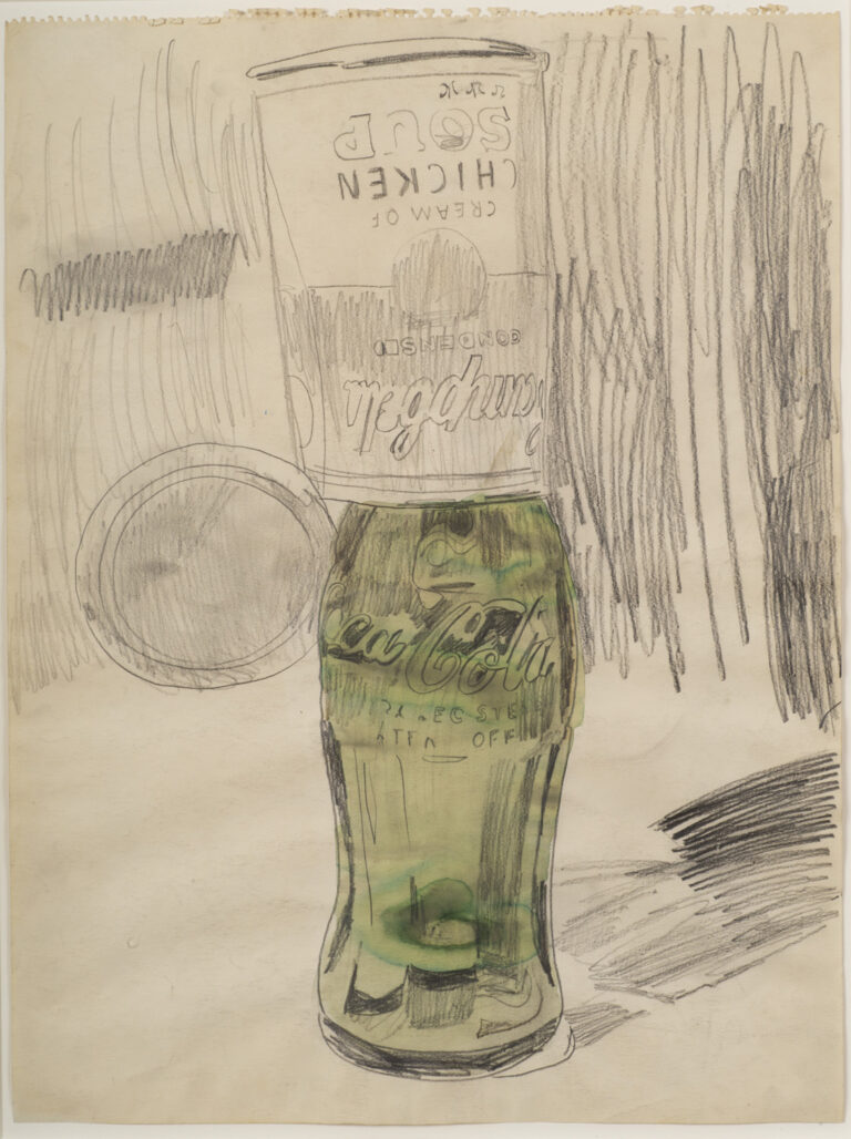 Andy Warhol (1928–1987), Campbell’s Soup Can over Coke Bottle, 1962. Graphite and watercolor on paper, 59.7 × 45.1 cm. The Brant Foundation, Greenwich, CT © The Andy Warhol Foundation for the Visual Arts, Inc. / Artists Rights Society (ARS) New York