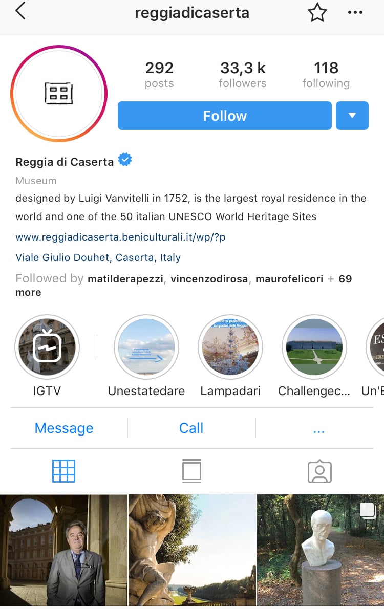 Profilo Instagram della Reggia di Caserta