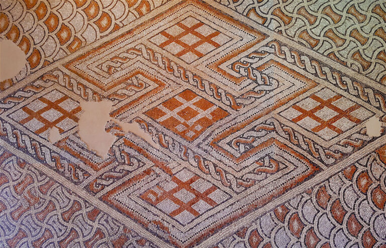 Mosaico dal cosiddetto Palazzo di Teoderico, marmo bianco d’Istria, nero d’Italia, cotto, palombino, rosa di Verona. Inizio del VI secolo