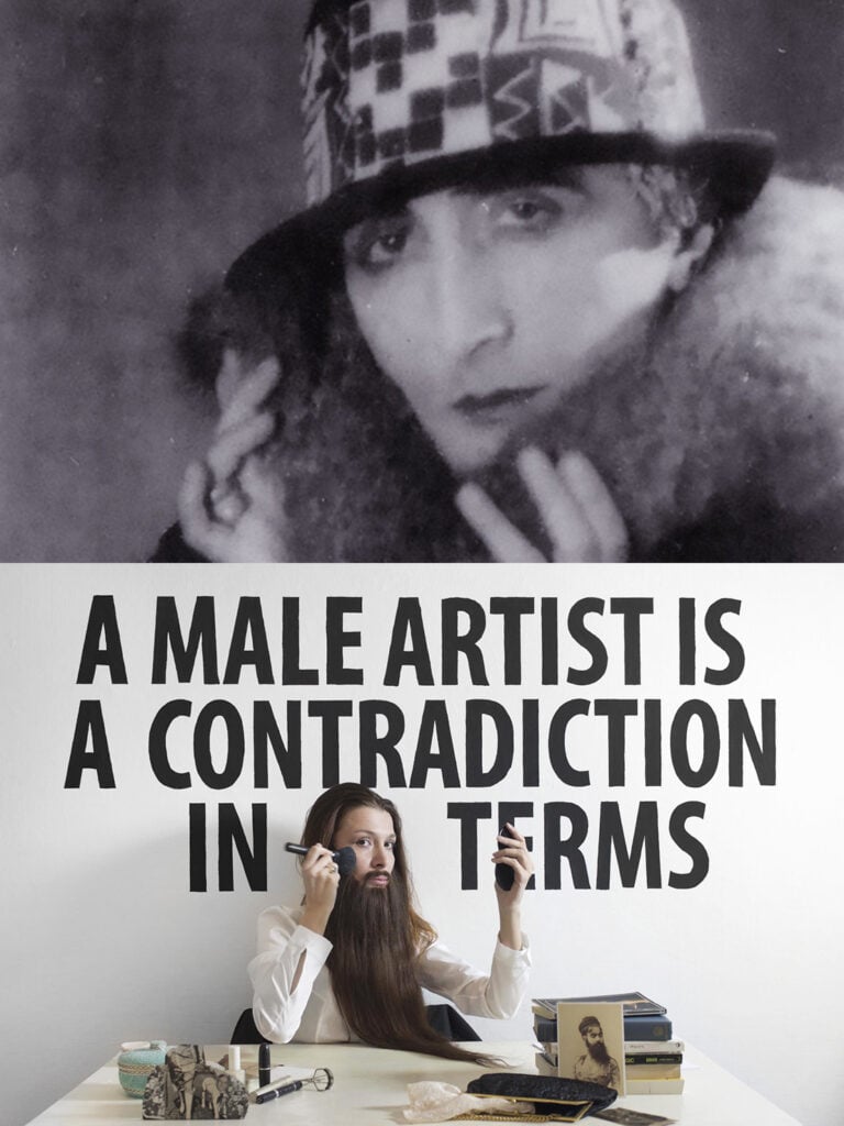 Sopra, Marcel Duchamp interpreta il suo alter ego femminile preferito; sotto Chiara Fumai fa altrettanto